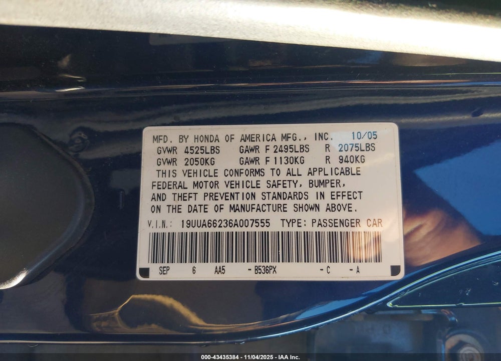2006 ACURA TL VIN: 19UUA66236A007555