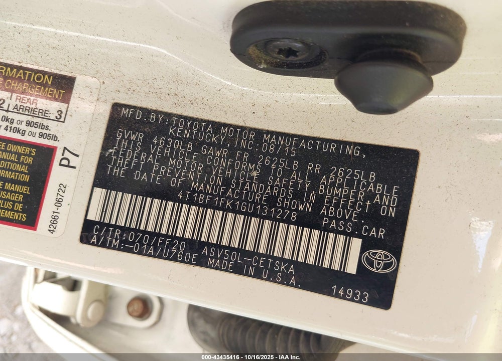 2016 TOYOTA CAMRY SE VIN: 4T1BF1FK1GU131278