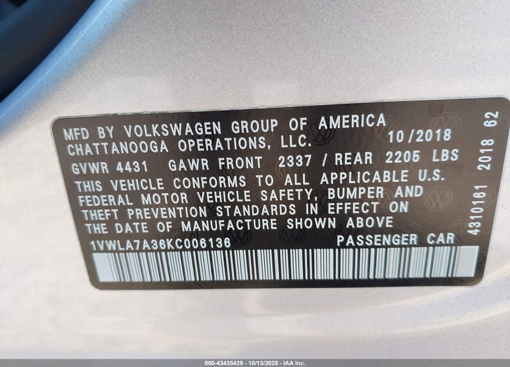2019 VOLKSWAGEN PASSAT 2.0T WOLFSBURG EDITION VIN: 1VWLA7A36KC006136