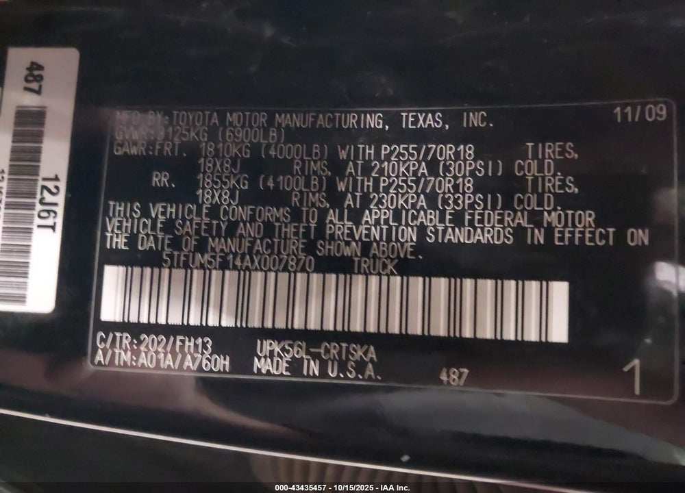 2010 TOYOTA TUNDRA VIN: 5TFUM5F14AX007870