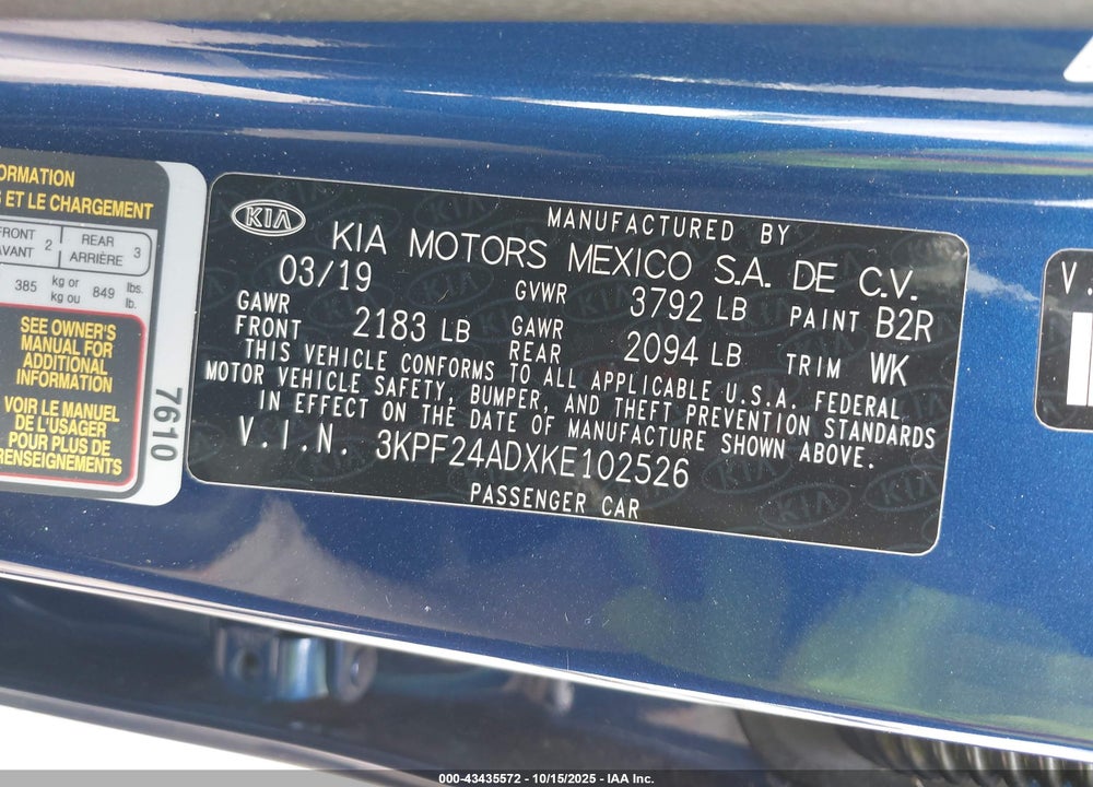 2019 KIA FORTE LXS VIN: 3KPF24ADXKE102526