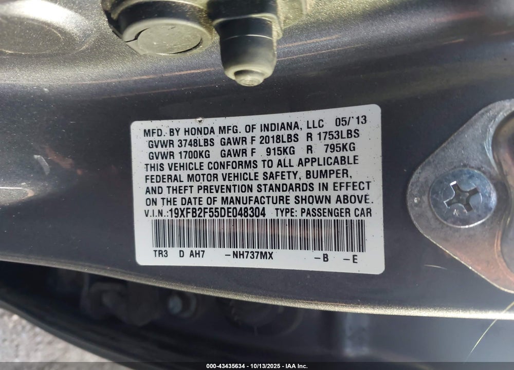 2013 HONDA CIVIC VIN: 19XFB2F55DE048304