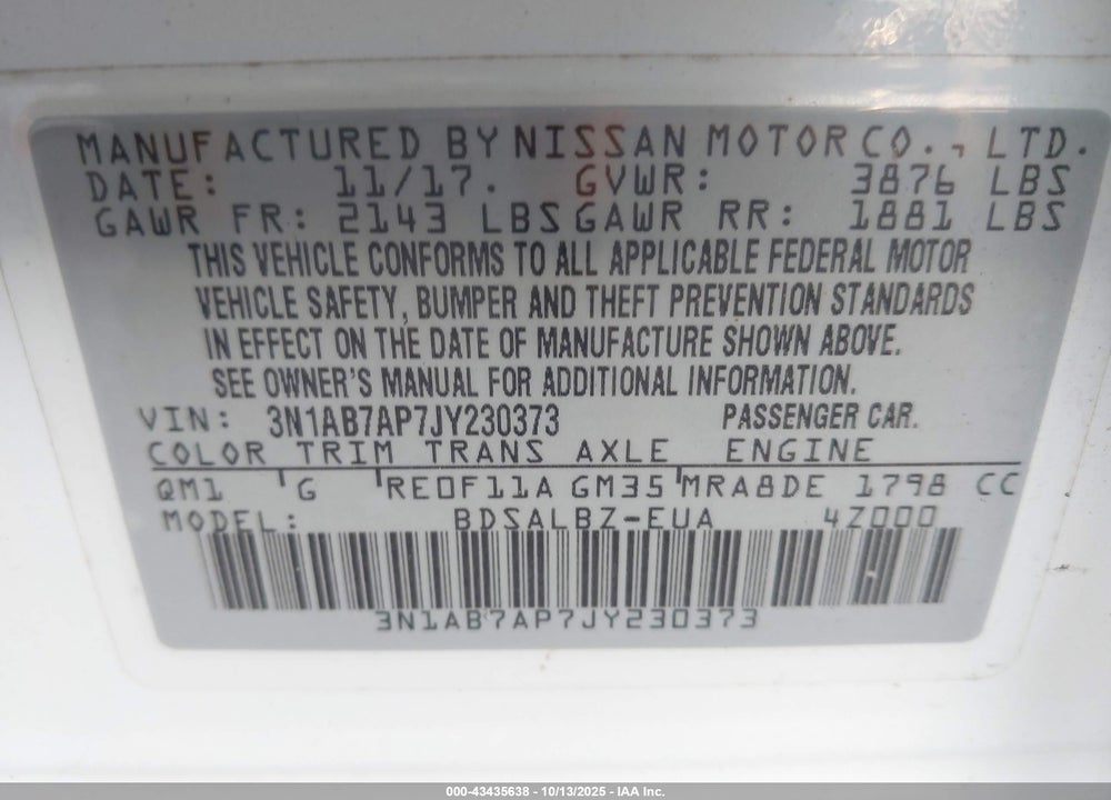 2018 NISSAN SENTRA S VIN: 3N1AB7AP7JY230373