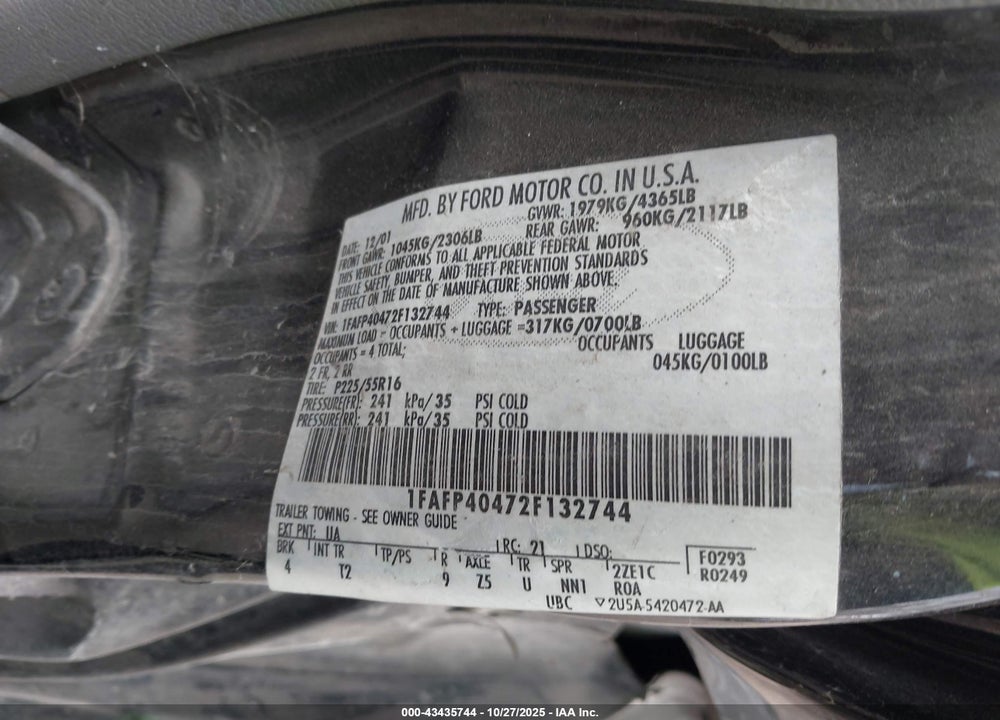 2002 FORD MUSTANG VIN: 1FAFP40472F132744
