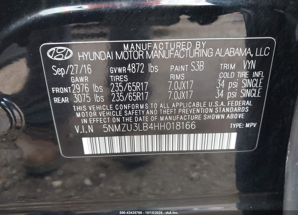 2017 HYUNDAI SANTA FE SPORT 2.4L VIN: 5NMZU3LB4HH018166