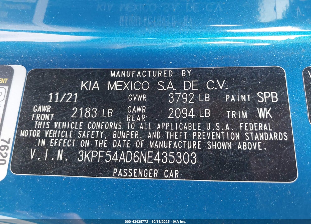 2022 KIA FORTE VIN: 3KPF54AD6NE435303