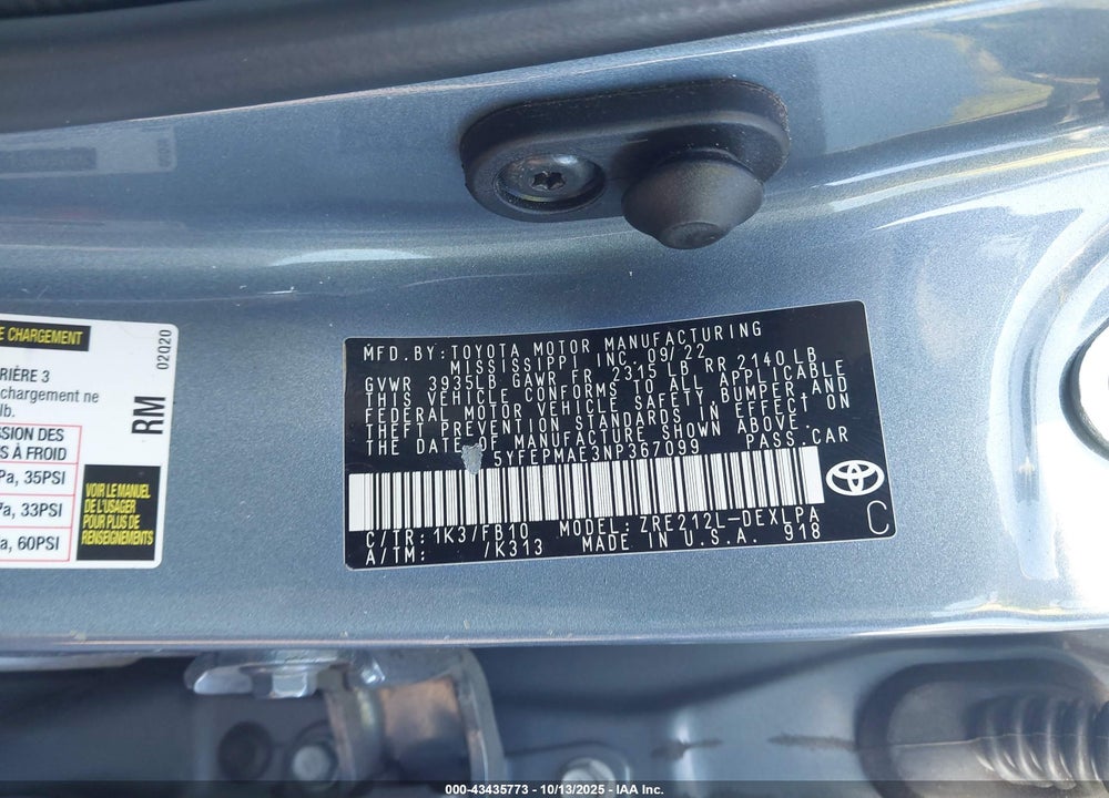 2022 TOYOTA COROLLA LE VIN: 5YFEPMAE3NP367099