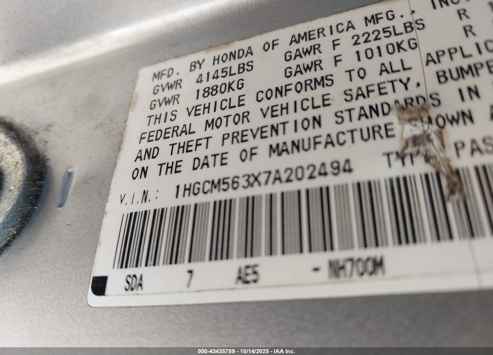 2007 HONDA ACCORD 2.4 SE VIN: 1HGCM563X7A202494