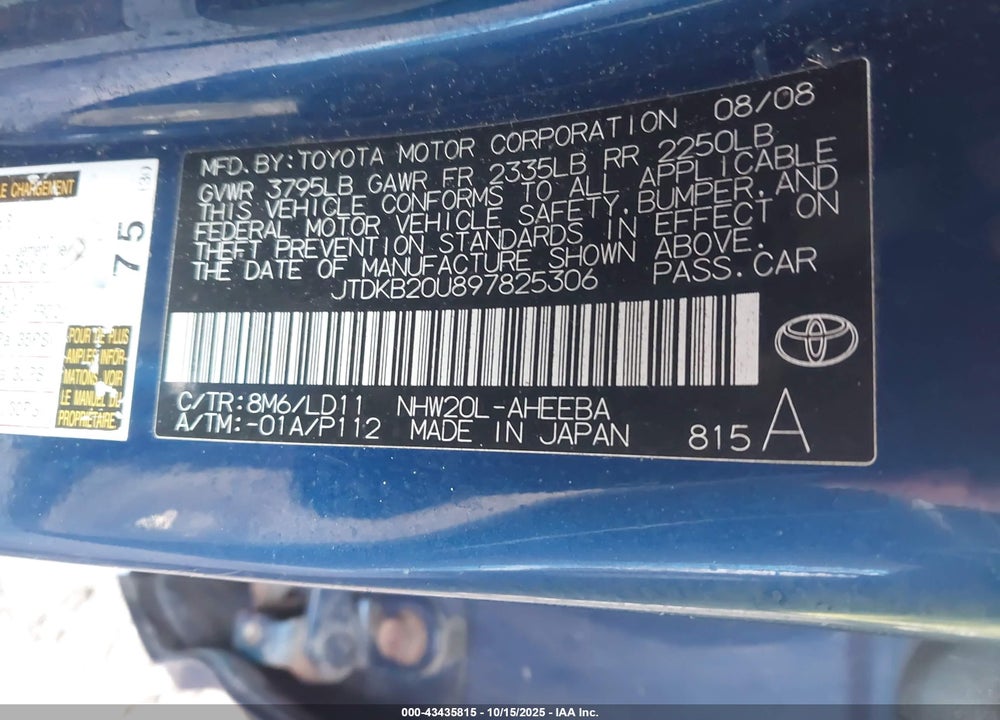 2009 TOYOTA PRIUS VIN: JTDKB20U897825306