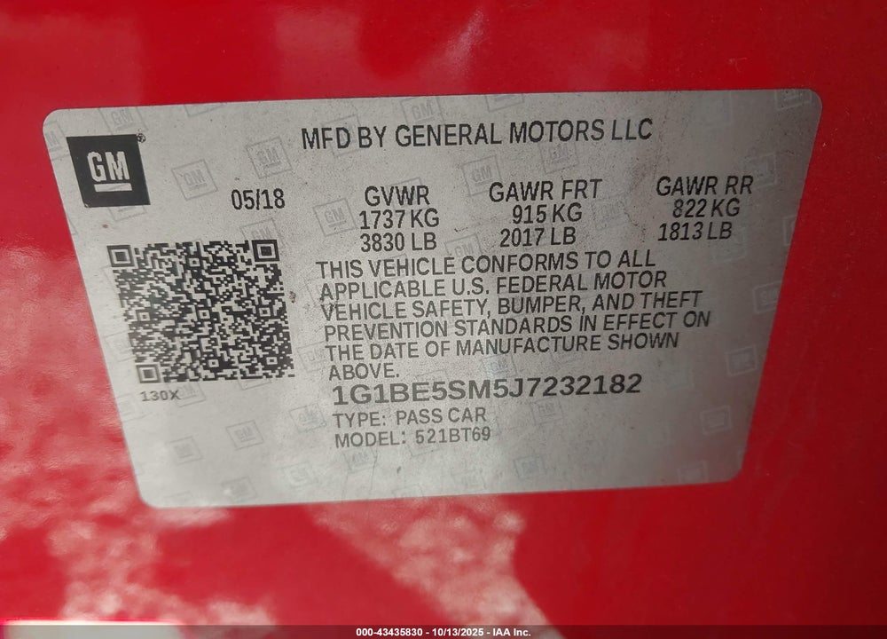 2018 CHEVROLET CRUZE VIN: 1G1BE5SM5J7232182