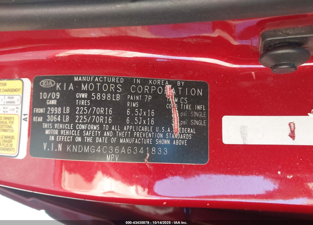 2010 KIA SEDONA LX VIN: KNDMG4C36A6341833
