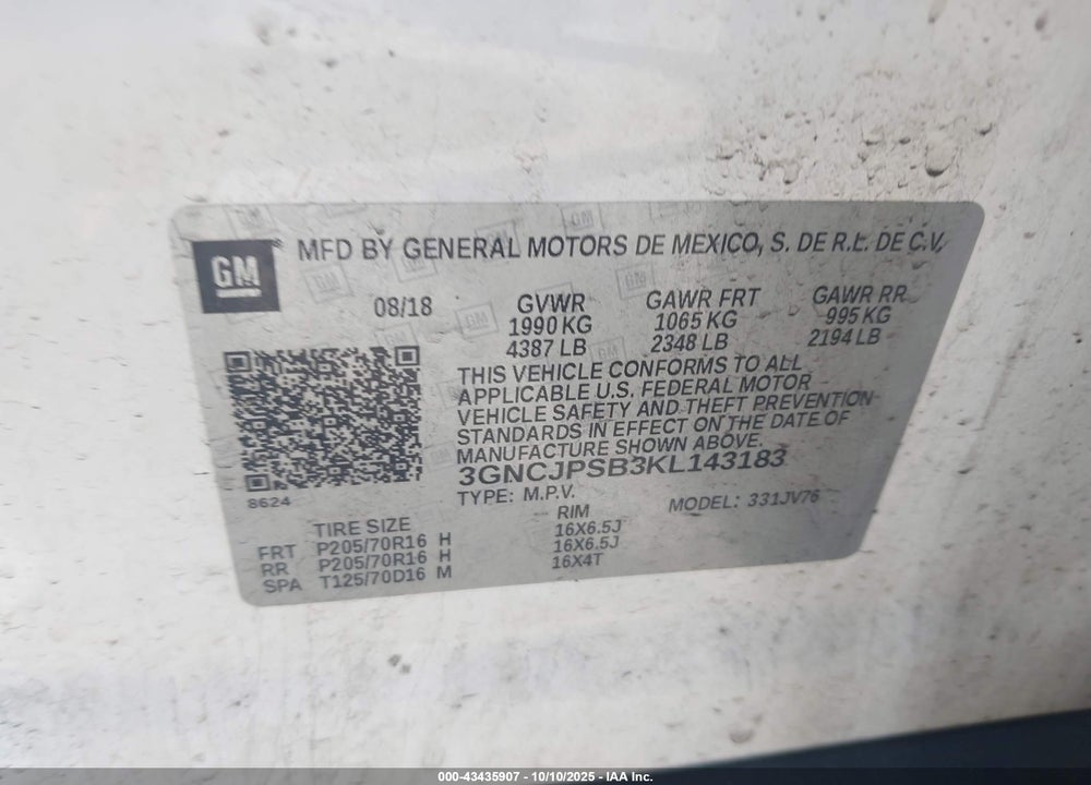 2019 CHEVROLET TRAX VIN: 3GNCJPSB3KL143183