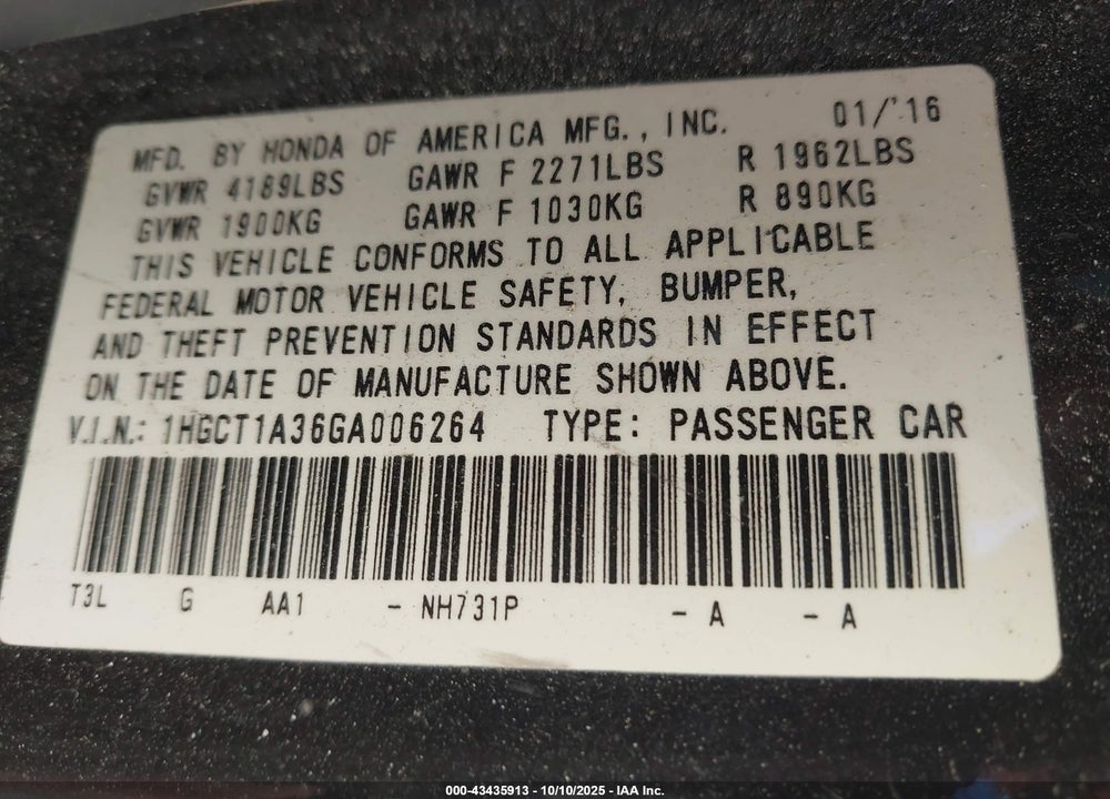 2016 HONDA ACCORD LX-S VIN: 1HGCT1A36GA006264