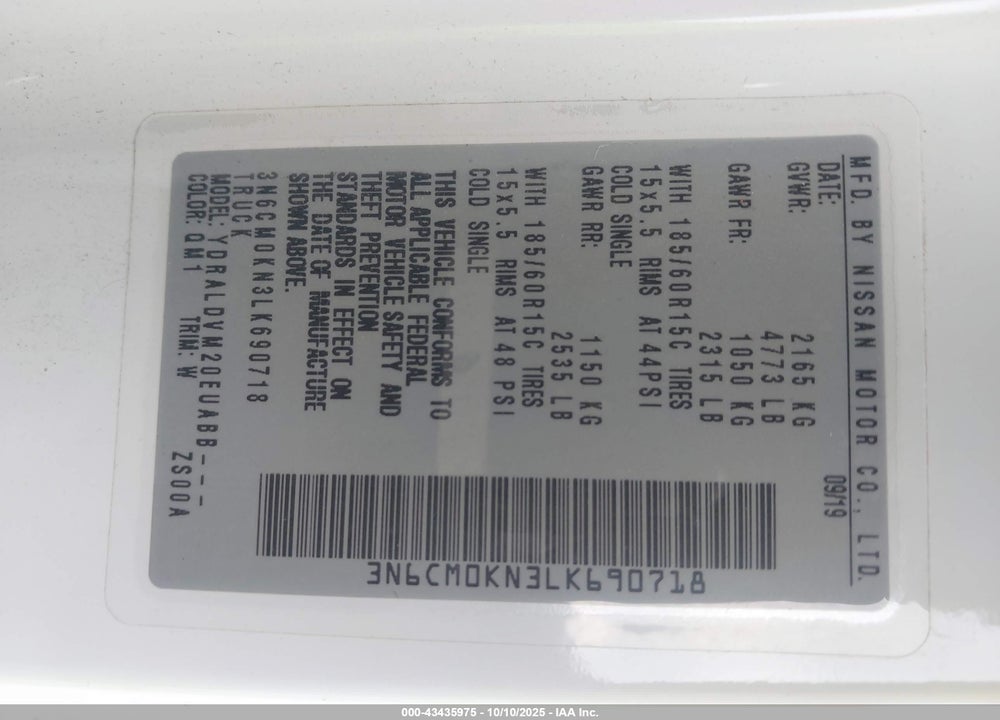 2020 NISSAN NV200  CARGO S XTRONIC CVT VIN: 3N6CM0KN3LK690718