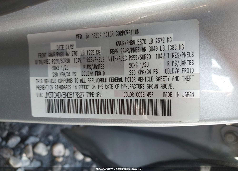 2021 MAZDA CX-9 VIN: JM3TCADY6M0517827