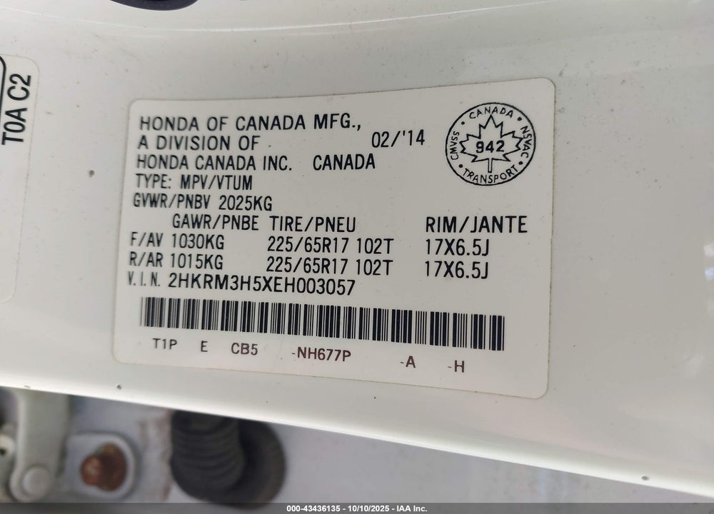 2014 HONDA CR-V VIN: 2HKRM3H5XEH003057