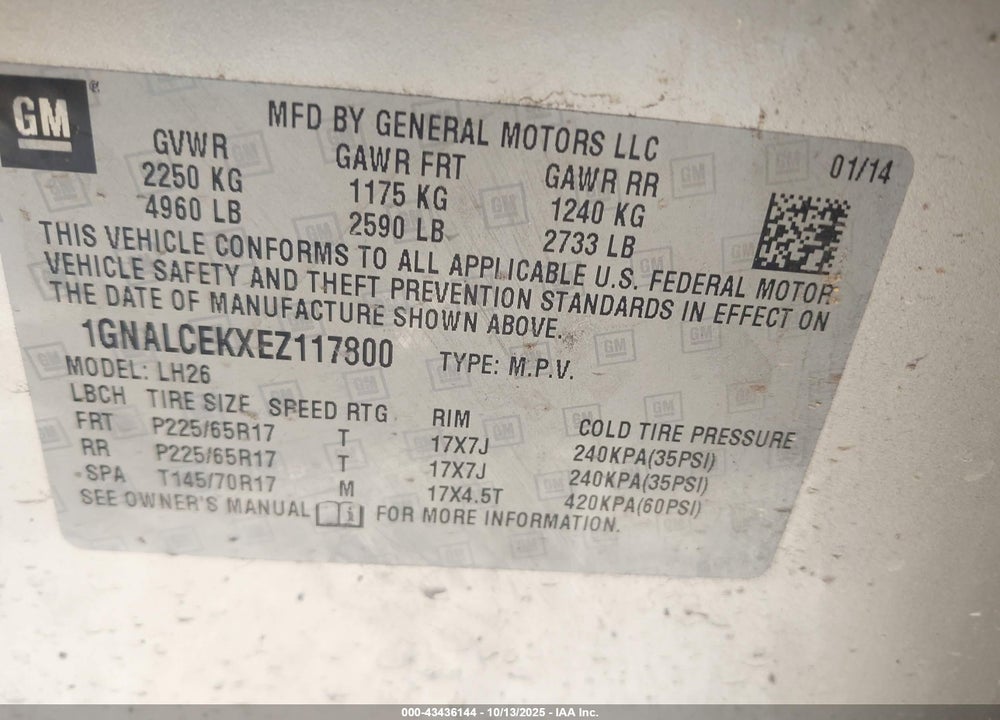 2014 CHEVROLET EQUINOX 2LT VIN: 1GNALCEKXEZ117800