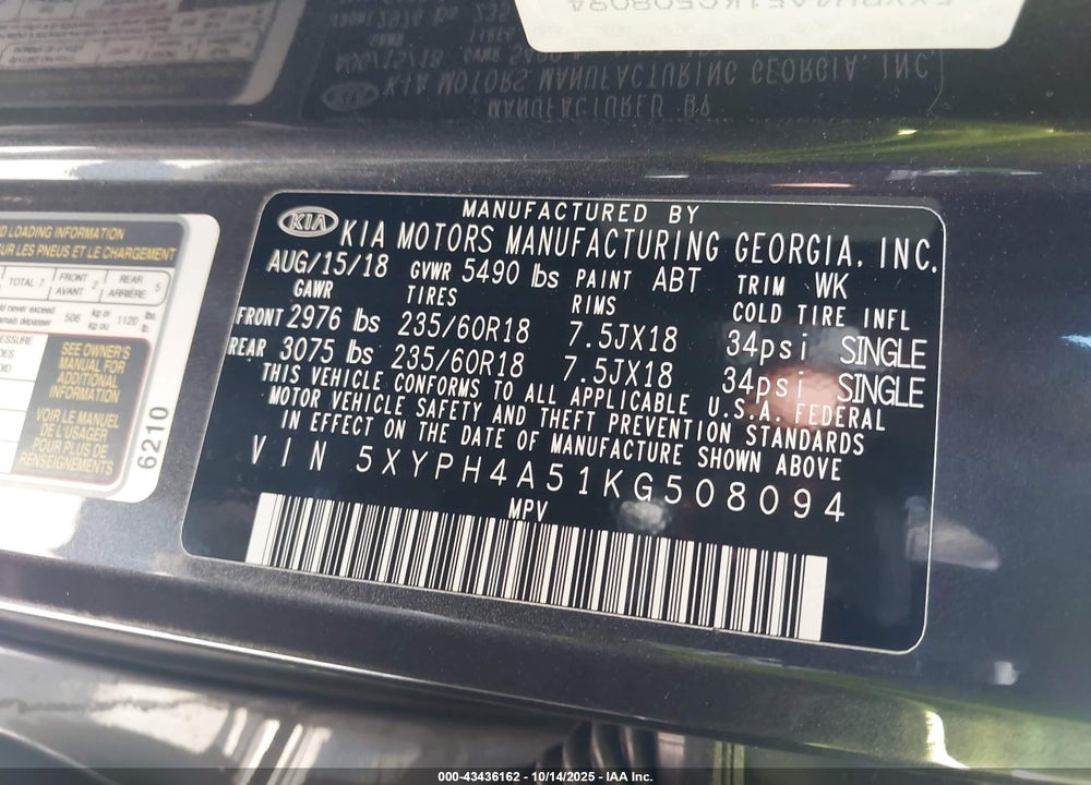 2019 KIA SORENTO VIN: 5XYPH4A51KG508094
