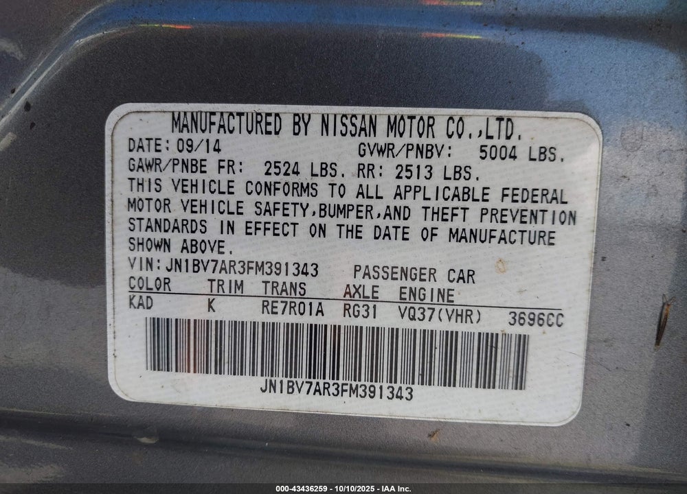 2015 INFINITI Q50 VIN: JN1BV7AR3FM391343