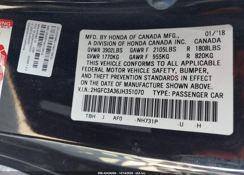 2018 HONDA CIVIC VIN: 2HGFC3A36JH351070