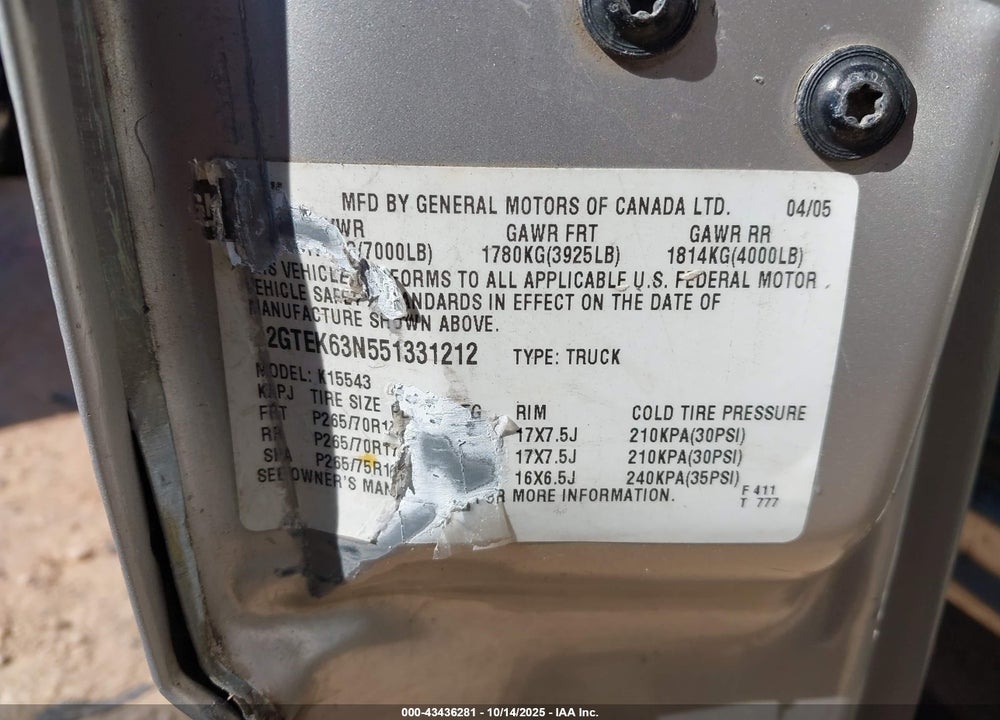 2005 GMC SIERRA 1500 VIN: 2GTEK63N551331212