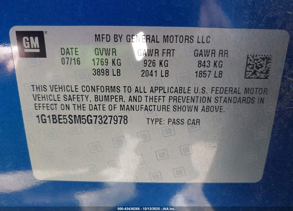 2016 CHEVROLET CRUZE LT AUTO VIN: 1G1BE5SM5G7327978