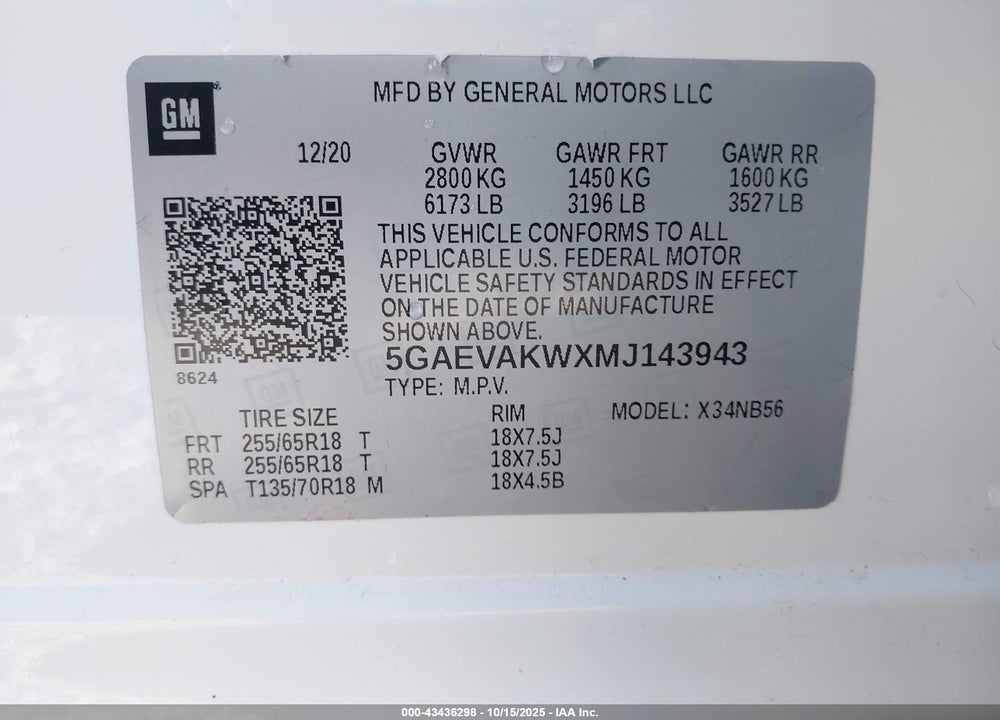 2021 BUICK ENCLAVE AWD ESSENCE VIN: 5GAEVAKWXMJ143943