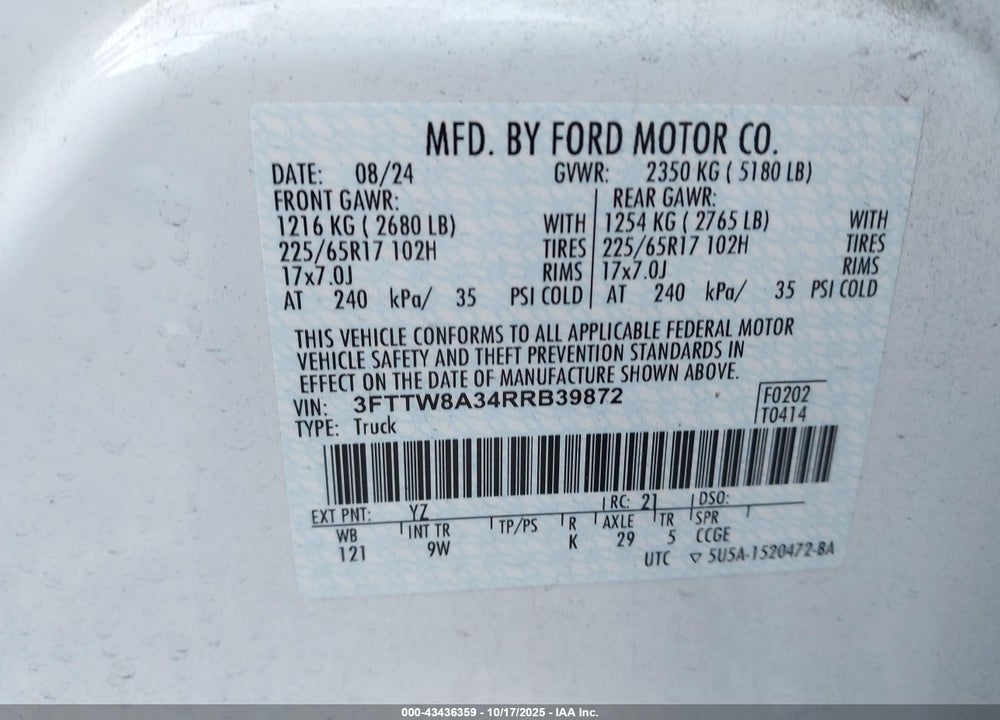 2024 FORD MAVERICK XL VIN: 3FTTW8A34RRB39872