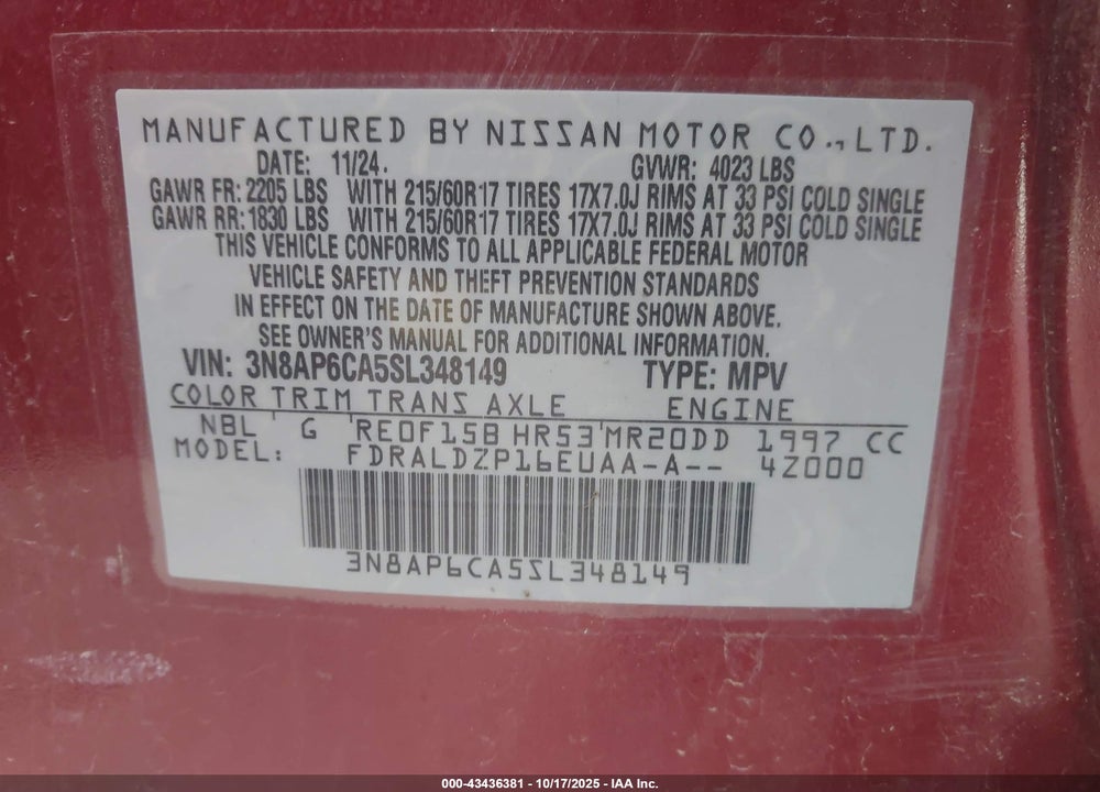 2025 NISSAN KICKS SV FWD VIN: 3N8AP6CA5SL348149