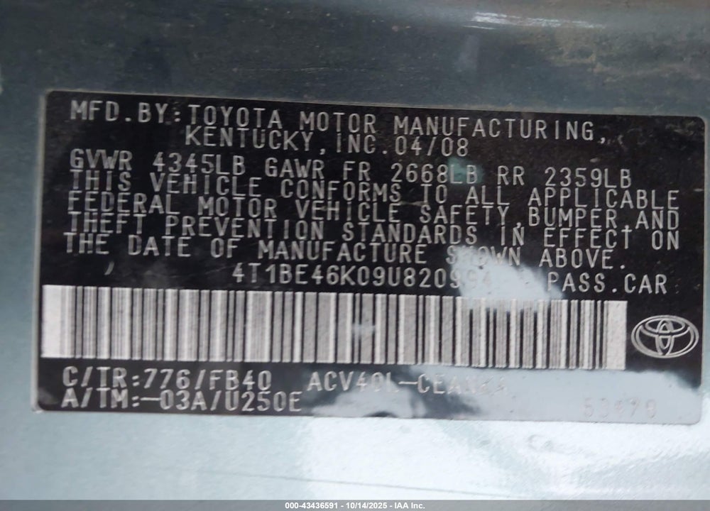 2009 TOYOTA CAMRY LE VIN: 4T1BE46K09U820994