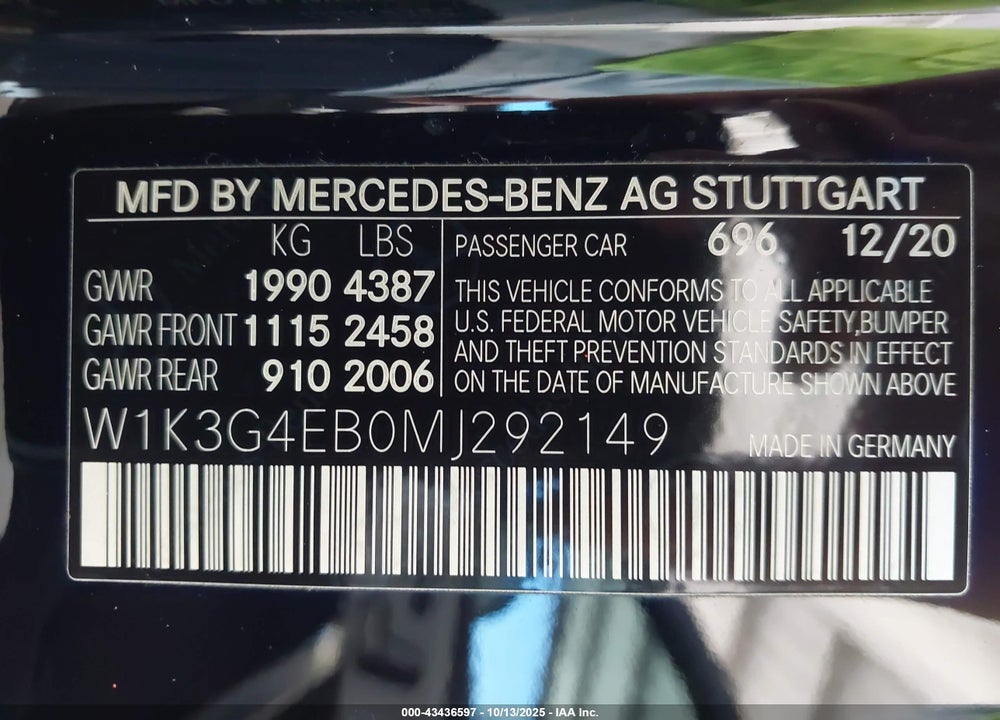 2021 MERCEDES-BENZ A 220 VIN: W1K3G4EB0MJ292149