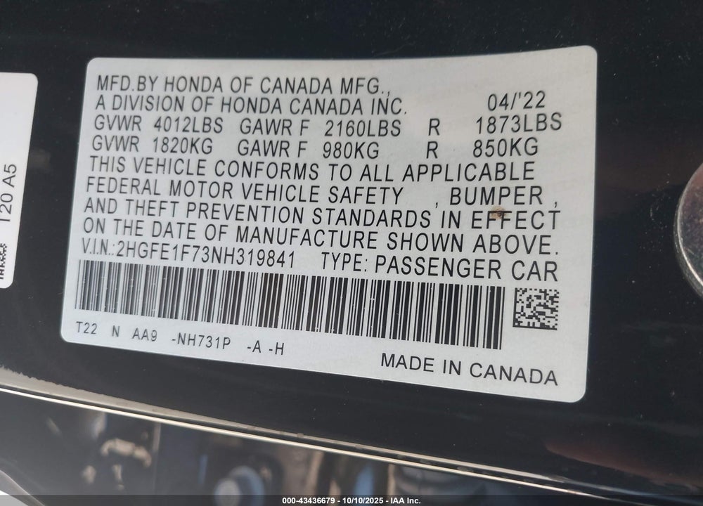 2022 HONDA CIVIC EX VIN: 2HGFE1F73NH319841