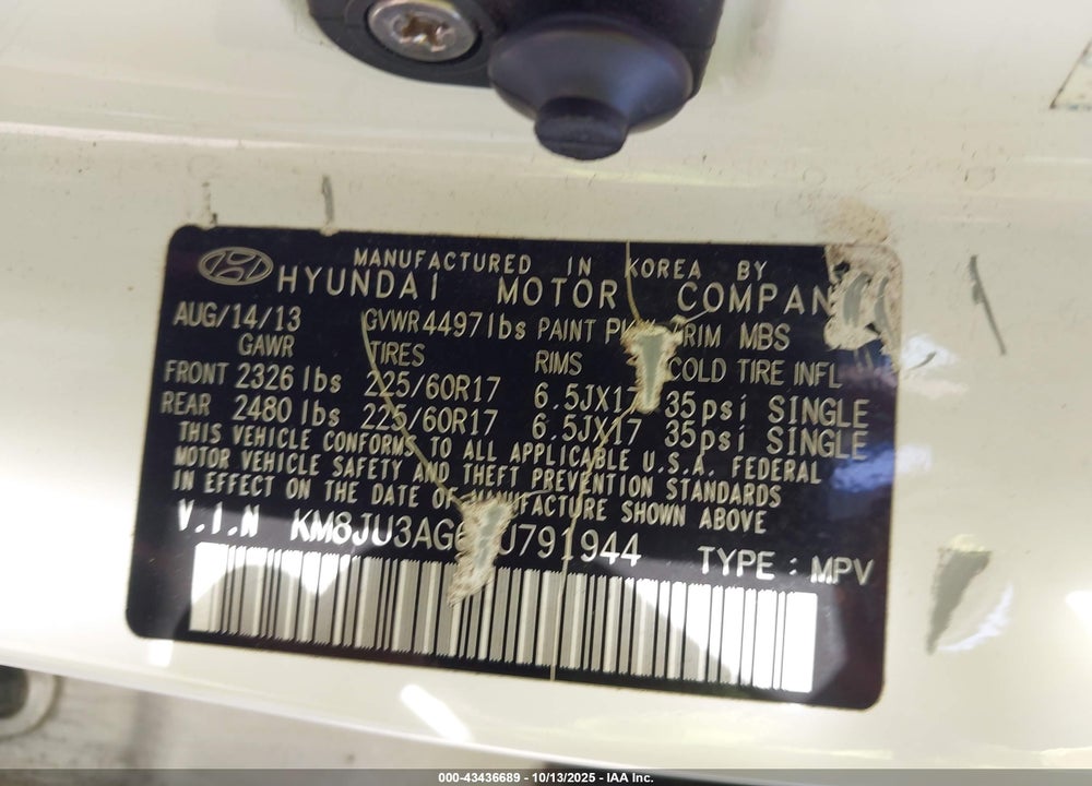 2014 HYUNDAI TUCSON VIN: KM8JU3AG6EU791944