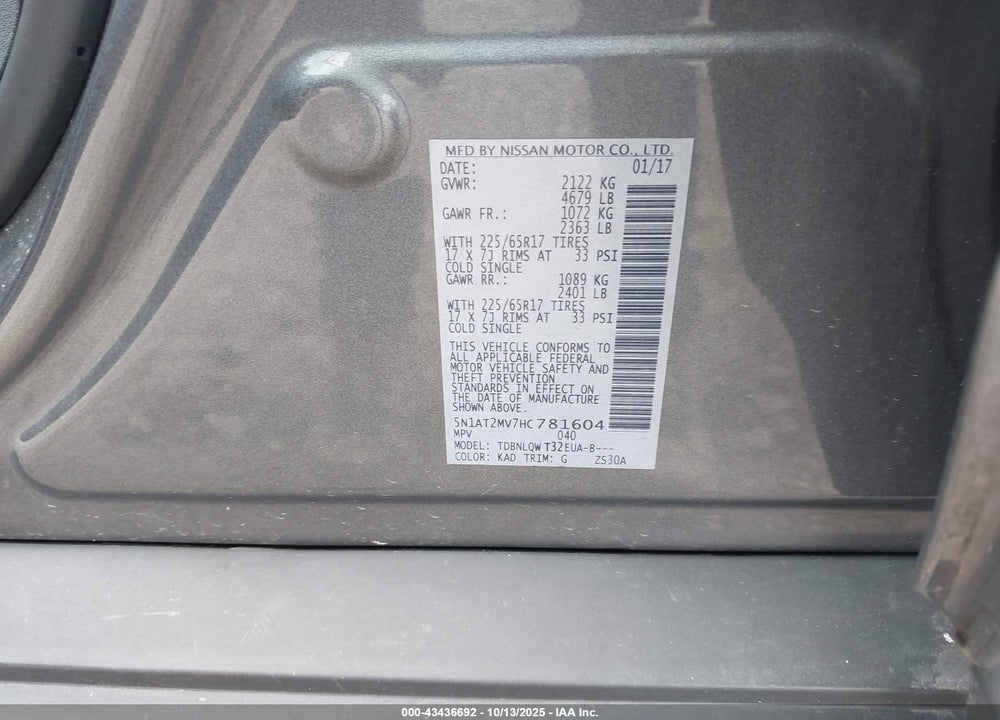 2017 NISSAN ROGUE VIN: 5N1AT2MV7HC781604