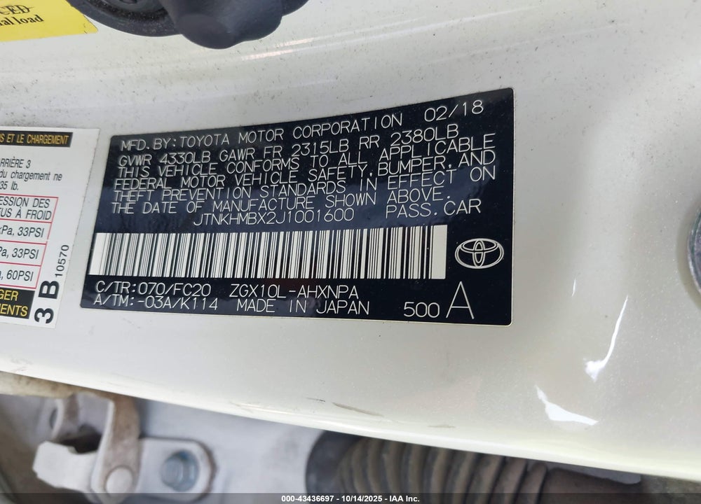 2018 TOYOTA C-HR VIN: JTNKHMBX2J1001600