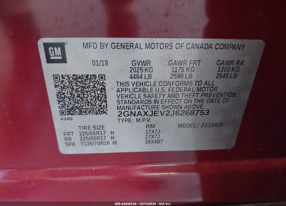 2018 CHEVROLET EQUINOX LT VIN: 2GNAXJEV2J6268753