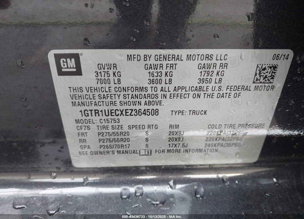 2014 GMC SIERRA 1500 SLE VIN: 1GTR1UECXEZ364508