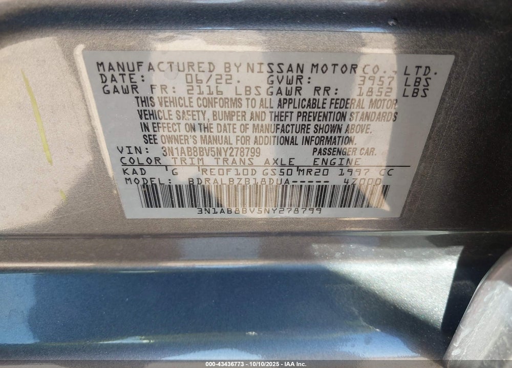 2022 NISSAN SENTRA VIN: 3N1AB8BV5NY278799