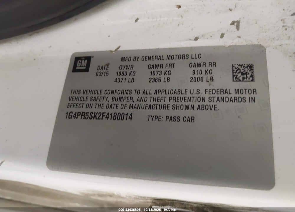 2015 BUICK VERANO CONVENIENCE GROUP VIN: 1G4PR5SK2F4180014