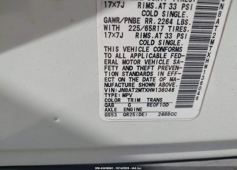 2017 NISSAN ROGUE SV VIN: JN8AT2MTXHW136046