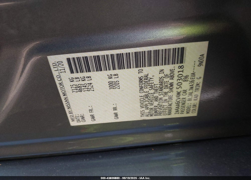 2021 NISSAN MAXIMA SV XTRONIC CVT VIN: 1N4AA6CV4MC503018