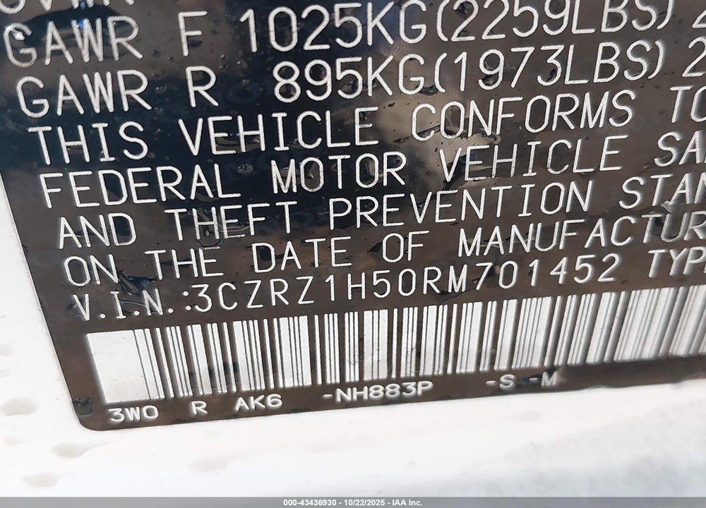 2024 HONDA HR-V 2WD SPORT/2WD SPORT W/O BSI VIN: 3CZRZ1H50RM701452