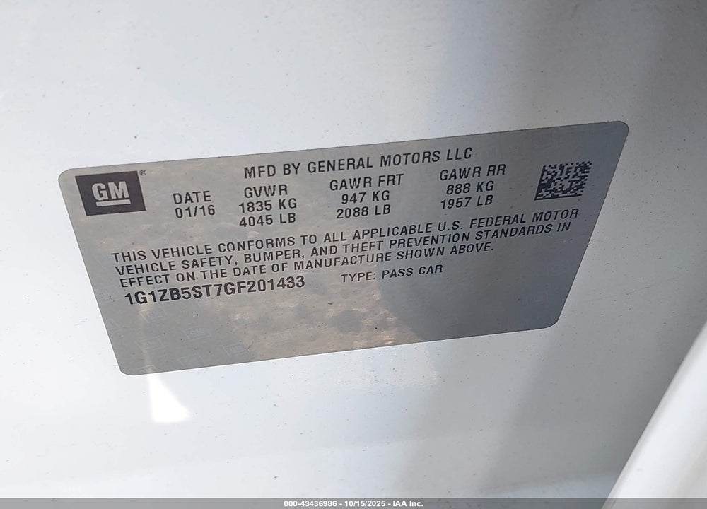2016 CHEVROLET MALIBU VIN: 1G1ZB5ST7GF201433
