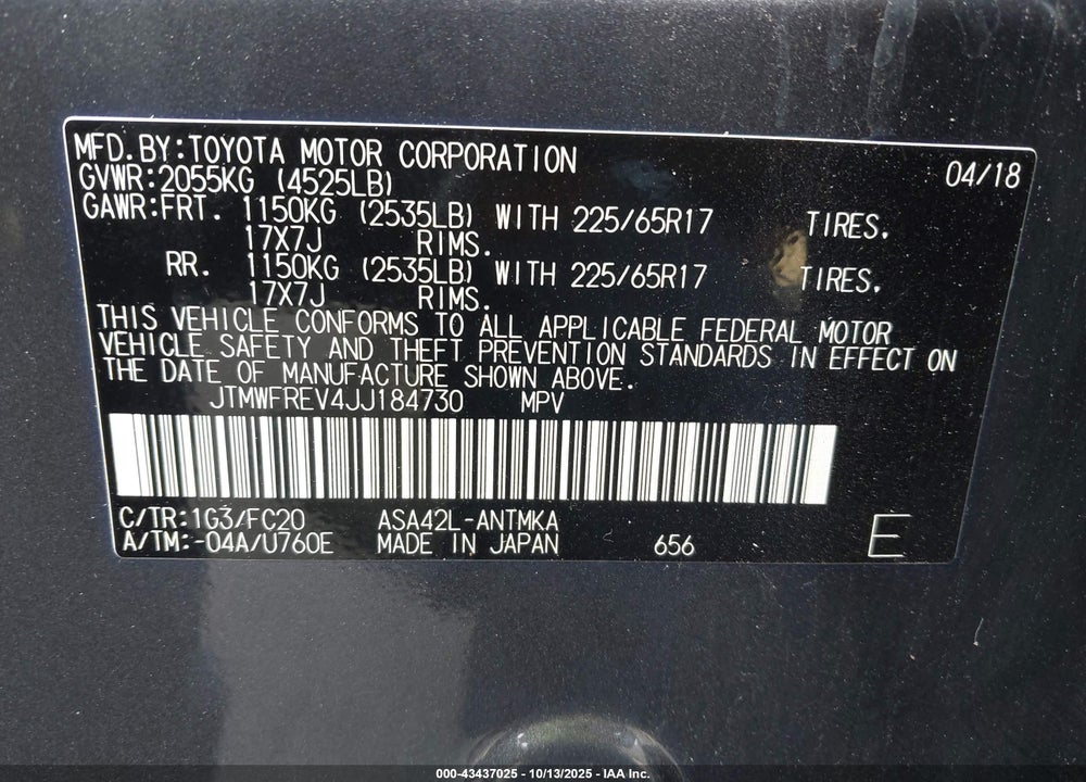 2018 TOYOTA RAV4 XLE VIN: JTMWFREV4JJ184730