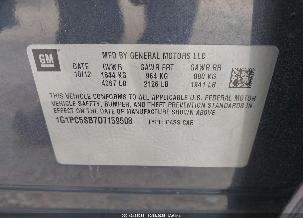 2013 CHEVROLET CRUZE VIN: 1G1PC5SB7D7159508