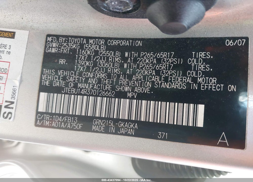 2007 TOYOTA 4RUNNER VIN: JTEBU14R370126662