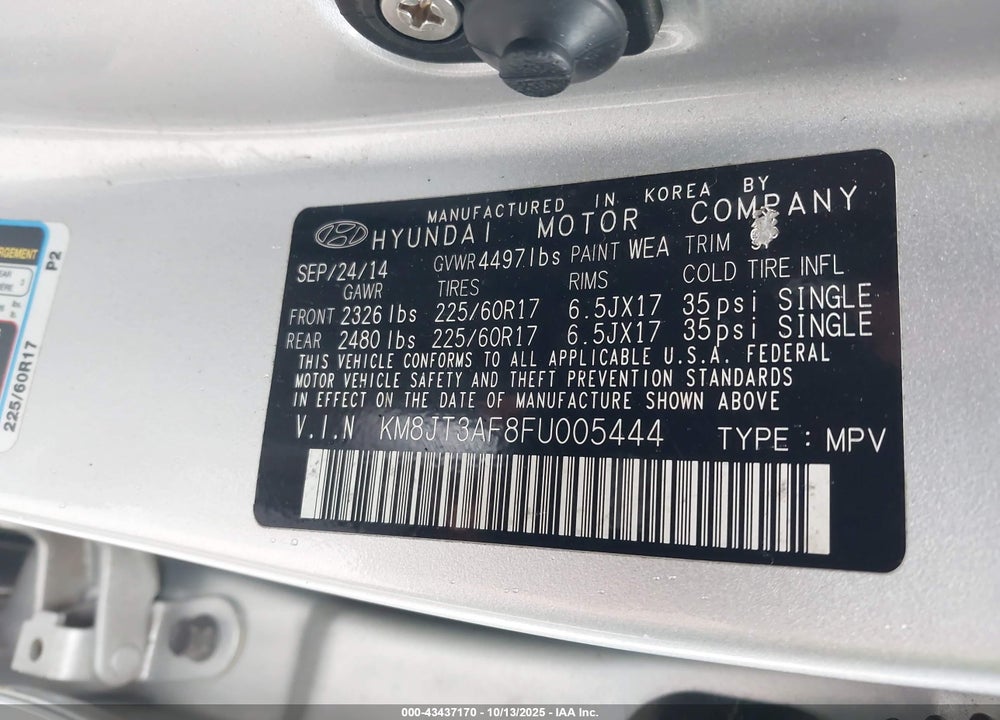 2015 HYUNDAI TUCSON GLS VIN: KM8JT3AF8FU005444