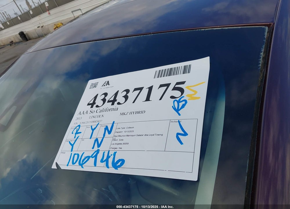 2013 LINCOLN MKZ VIN: 3LN6L2LU5DR820037