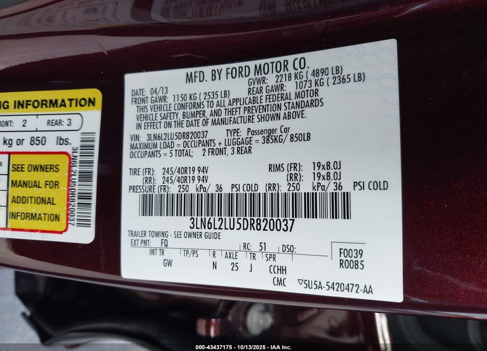 2013 LINCOLN MKZ VIN: 3LN6L2LU5DR820037