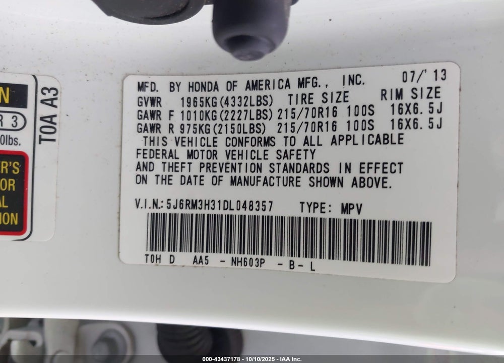 2013 HONDA CR-V LX VIN: 5J6RM3H31DL048357